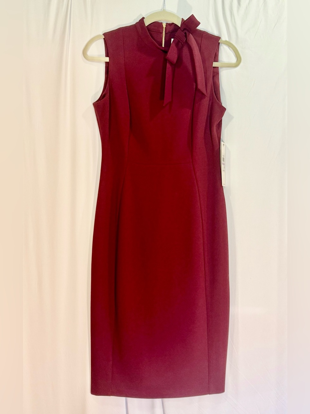 Calvin Klein Sleeveless Tie-Neck Sheath Dress in Burgundy